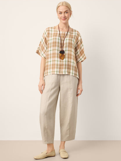 100% Linen Plaid Drop Shoulder Side Slit Top LORNA by LINTICO