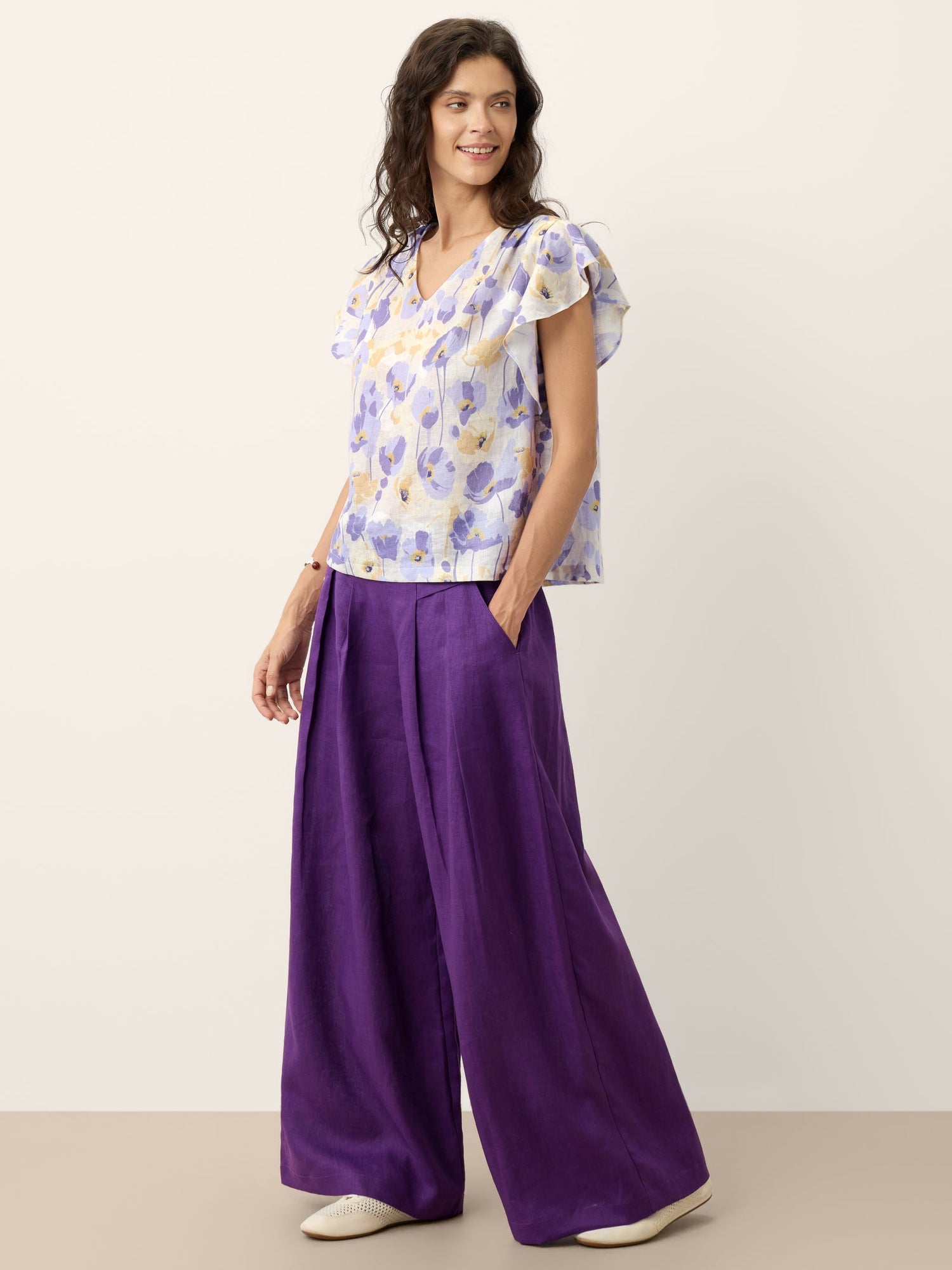 100% Linen Pleated Waist Wide Leg Pants LOUISA by LINTICO