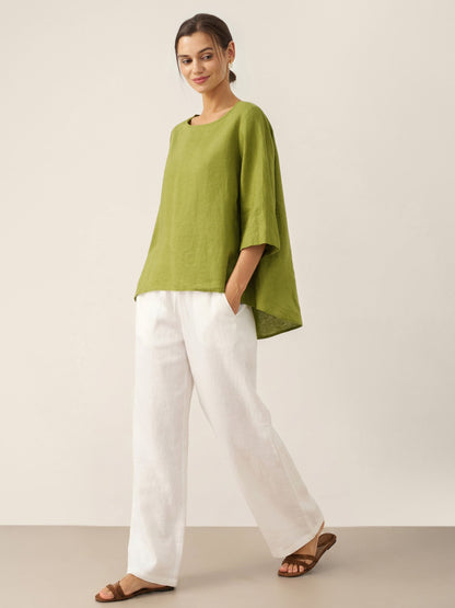 100% Linen Round Neck Asymmetrical Hem Top BRIANNA by LINTICO