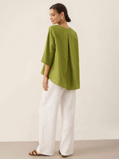 100% Linen Round Neck Asymmetrical Hem Top BRIANNA by LINTICO