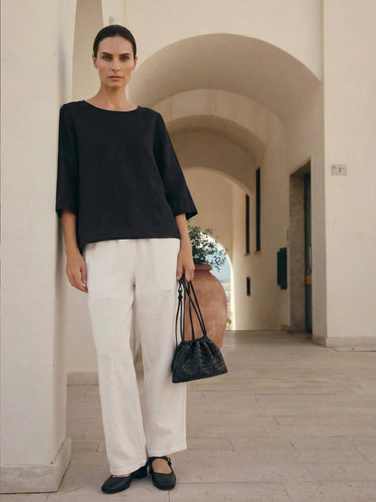 100% Linen Round Neck Asymmetrical Hem Top BRIANNA by LINTICO