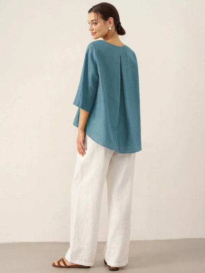 100% Linen Round Neck Asymmetrical Hem Top BRIANNA by LINTICO