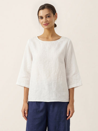 100% Linen Round Neck Asymmetrical Hem Top BRIANNA by LINTICO
