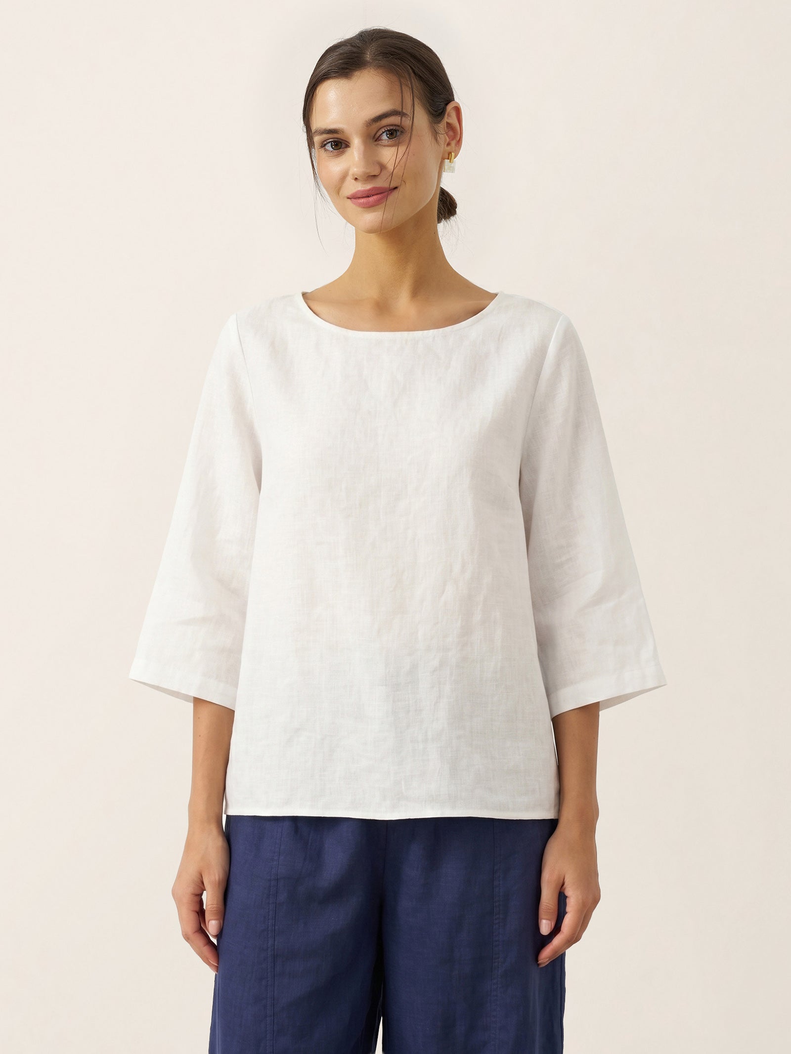 100% Linen Round Neck Asymmetrical Hem Top BRIANNA by LINTICO