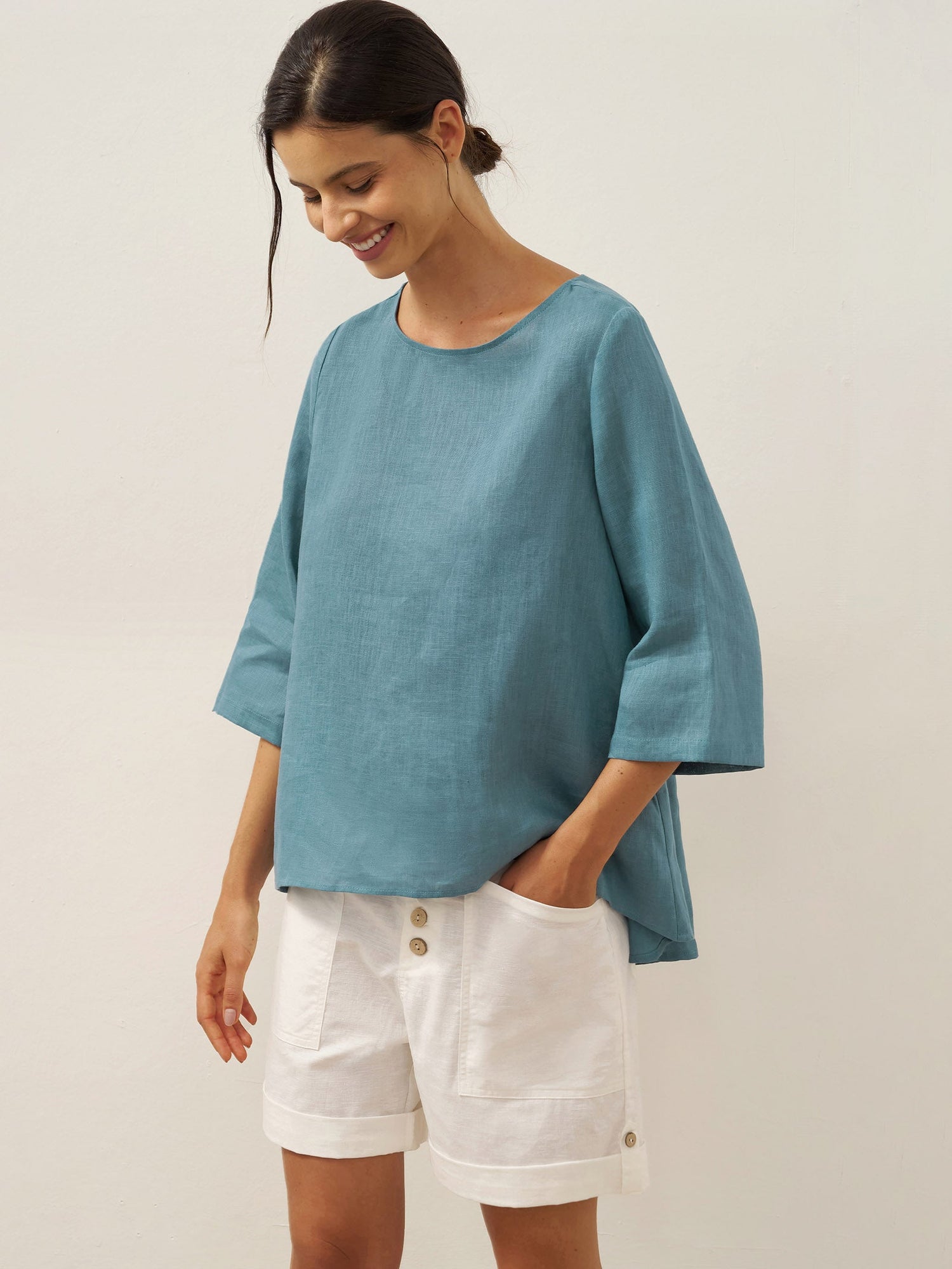 100% Linen Round Neck Asymmetrical Hem Top BRIANNA by LINTICO