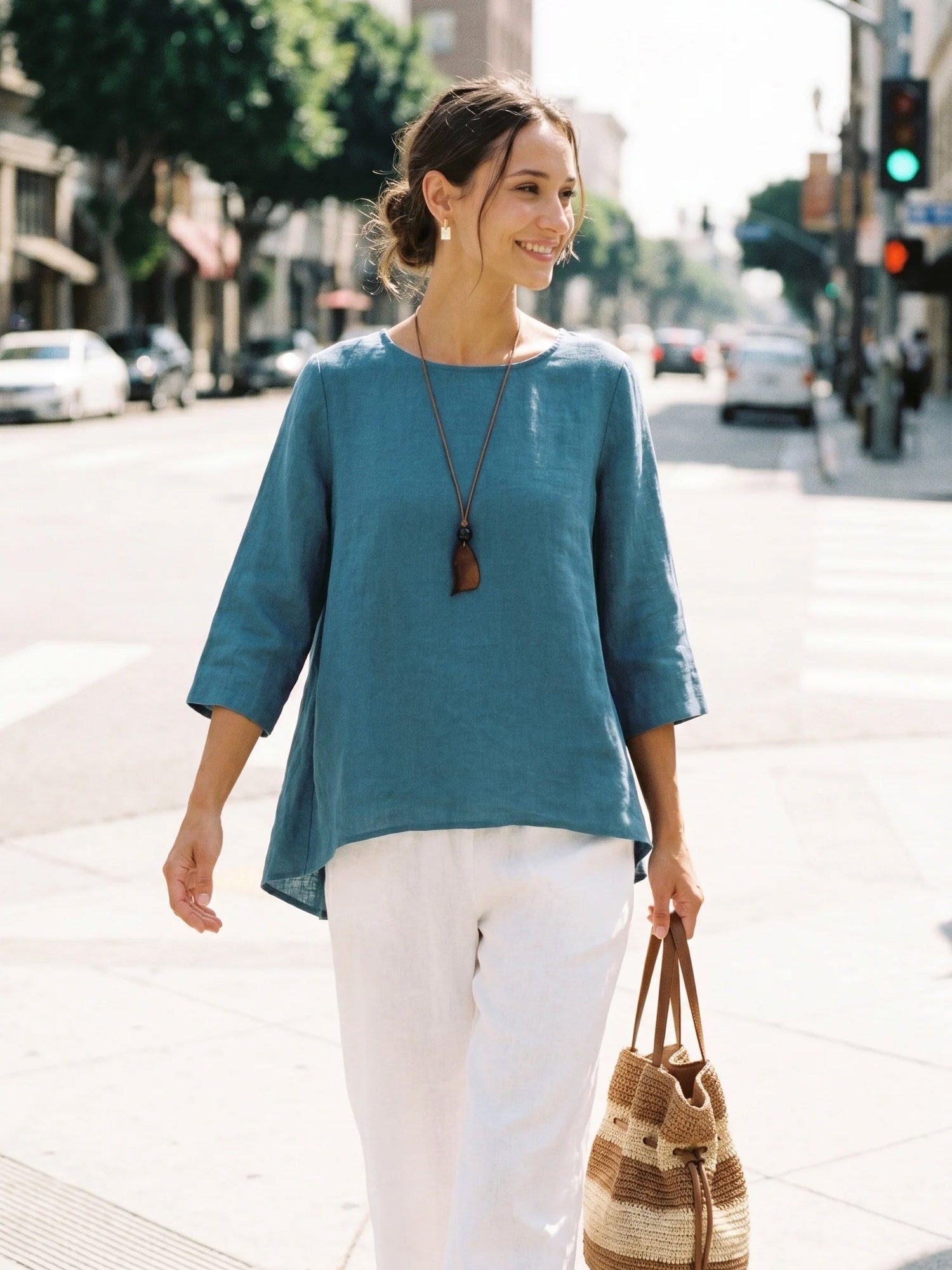 100% Linen Round Neck Asymmetrical Hem Top BRIANNA by LINTICO