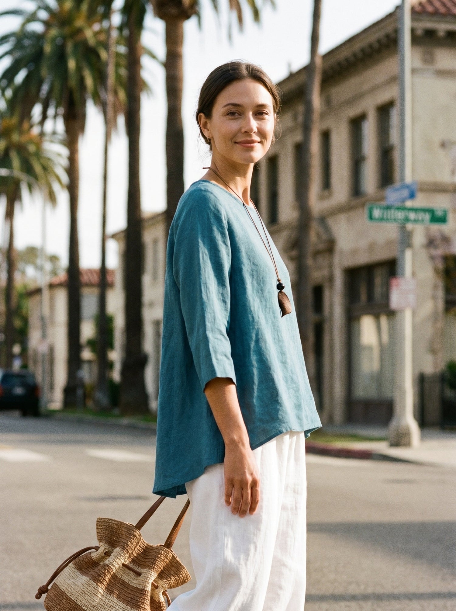 100% Linen Round Neck Asymmetrical Hem Top BRIANNA by LINTICO