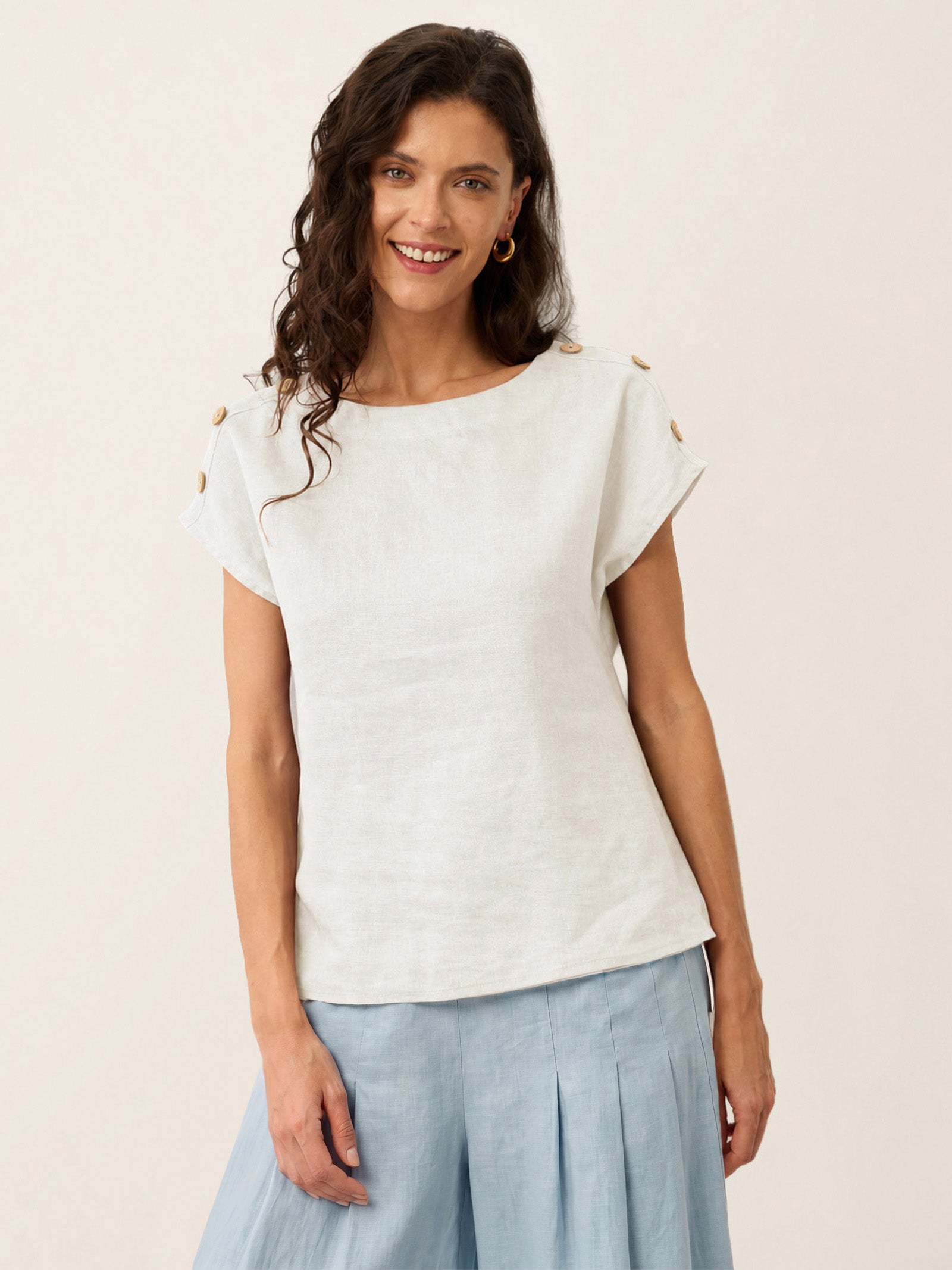 100% Linen Round Neck Button Detail Top ISABELLE by LINTICO