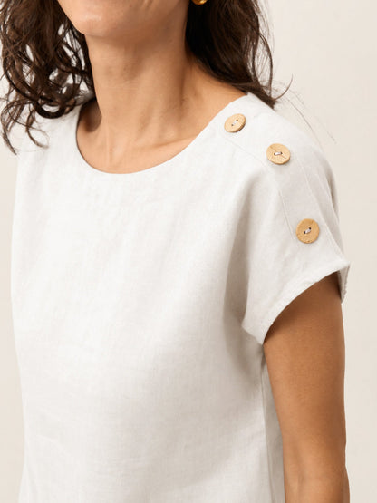 100% Linen Round Neck Button Detail Top ISABELLE by LINTICO