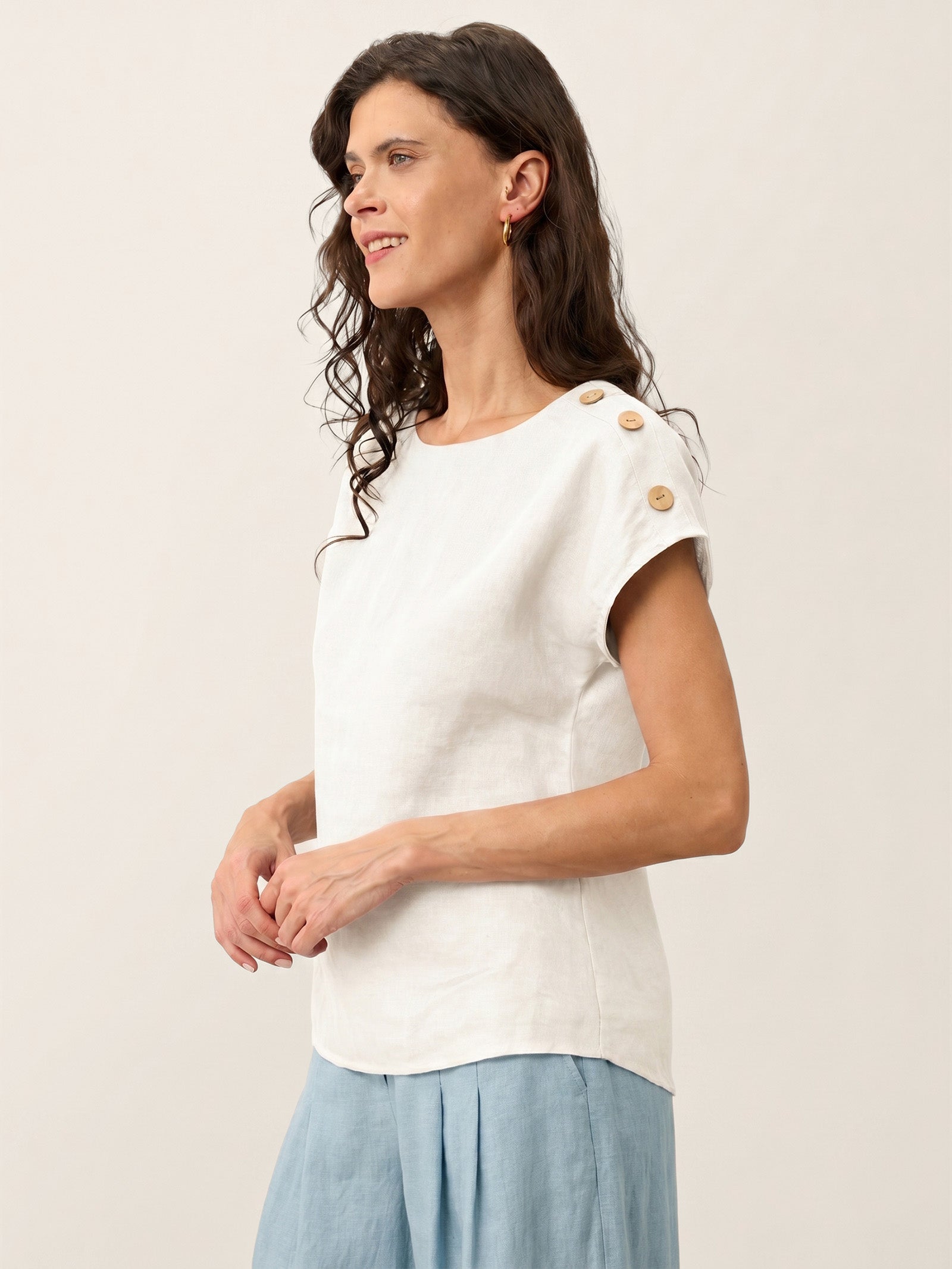 100% Linen Round Neck Button Detail Top ISABELLE by LINTICO