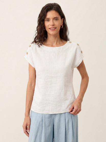 100% Linen Round Neck Button Detail Top ISABELLE by LINTICO
