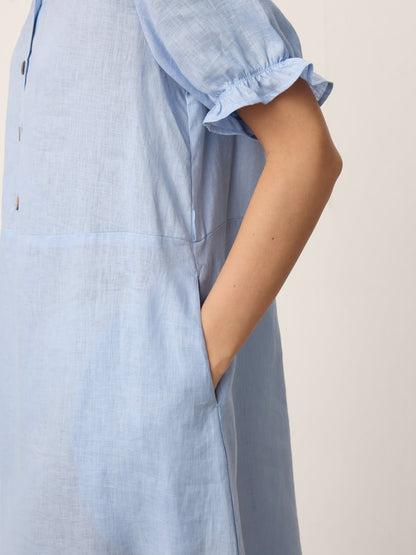 100% Linen Ruffle-Trim Belted Midi Dress LIVARA by LINTICO