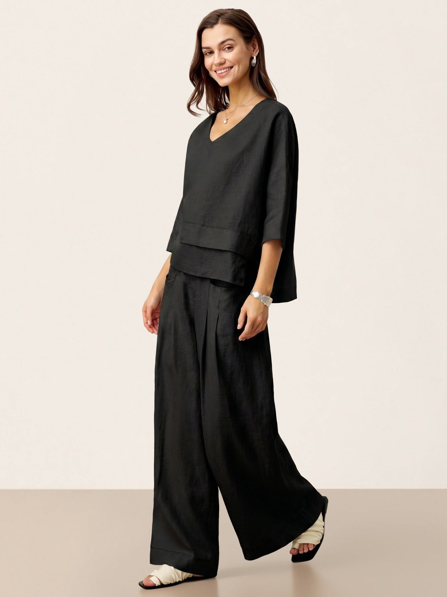 100% Linen Sculpted Pleat Elasticated Back Relaxed Pants VERIDIANA by LINTICO