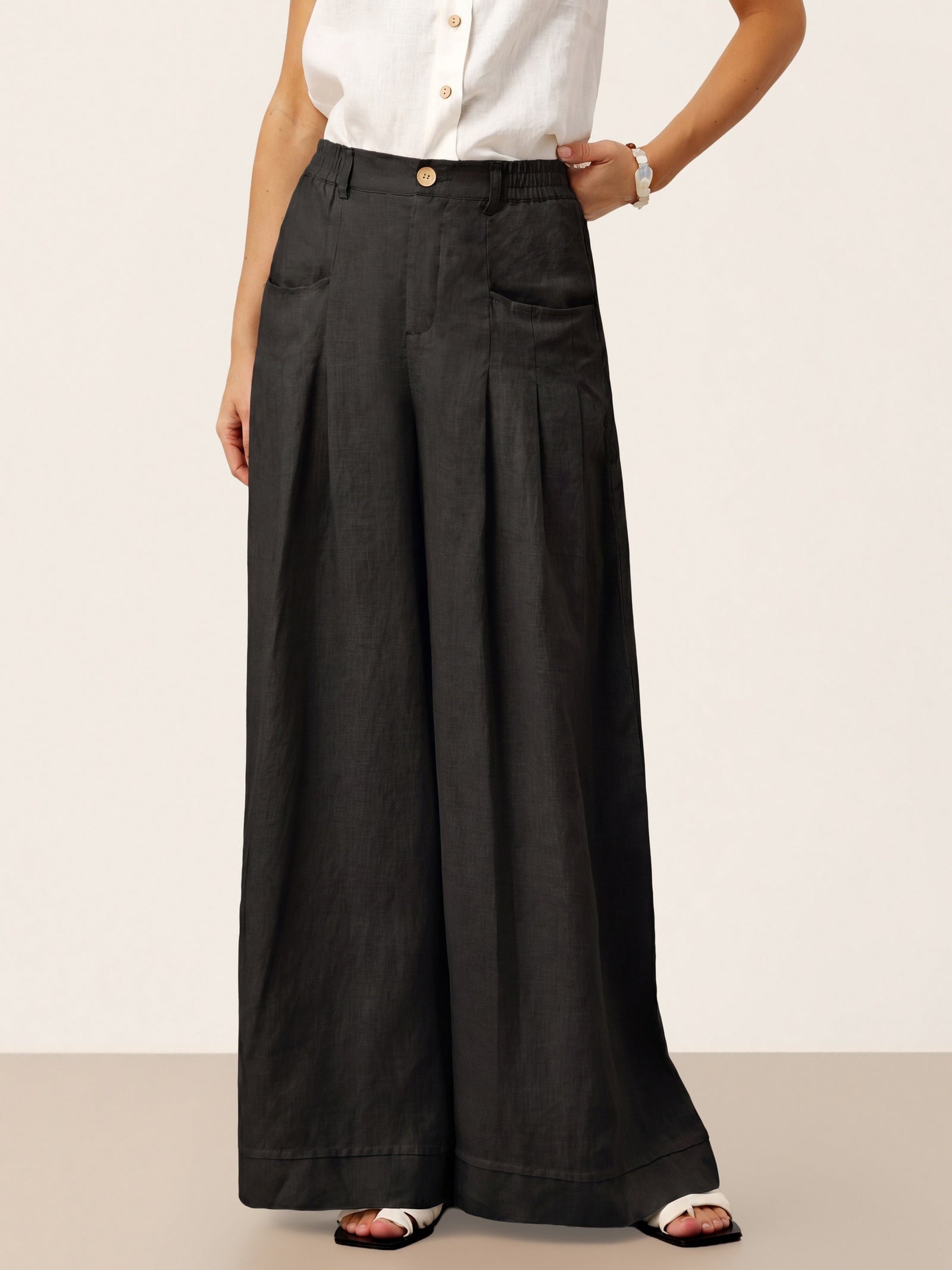 100% Linen Sculpted Pleat Elasticated Back Relaxed Pants VERIDIANA by LINTICO