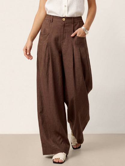100% Linen Sculpted Pleat Elasticated Back Relaxed Pants VERIDIANA by LINTICO