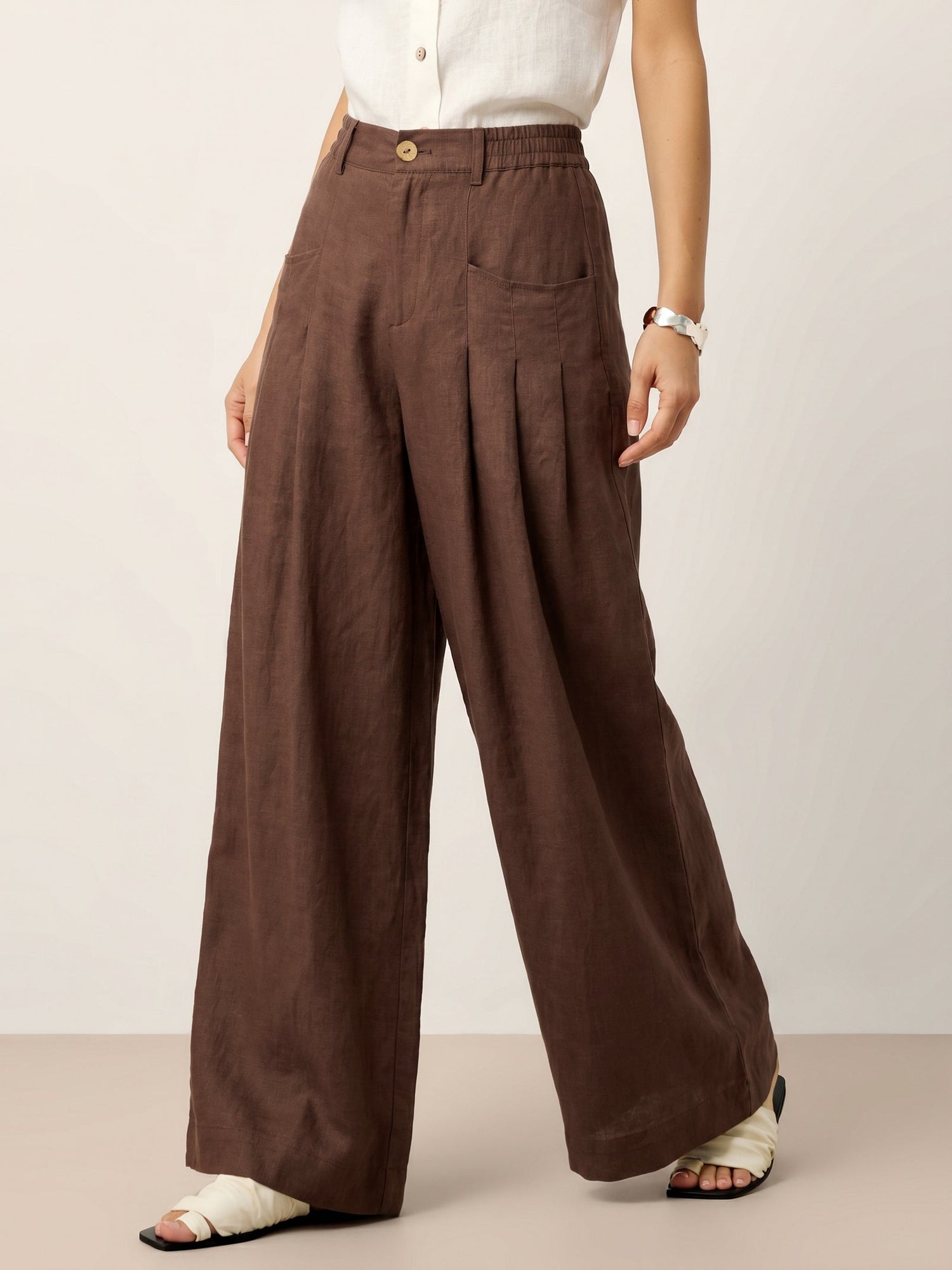 100% Linen Sculpted Pleat Elasticated Back Relaxed Pants VERIDIANA by LINTICO
