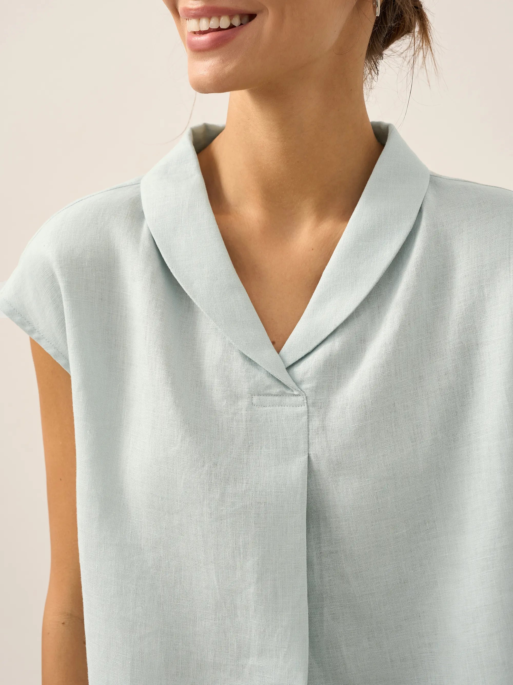 100% Linen Shawl V-Neck Cap Sleeves Top ELARA by LINTICO