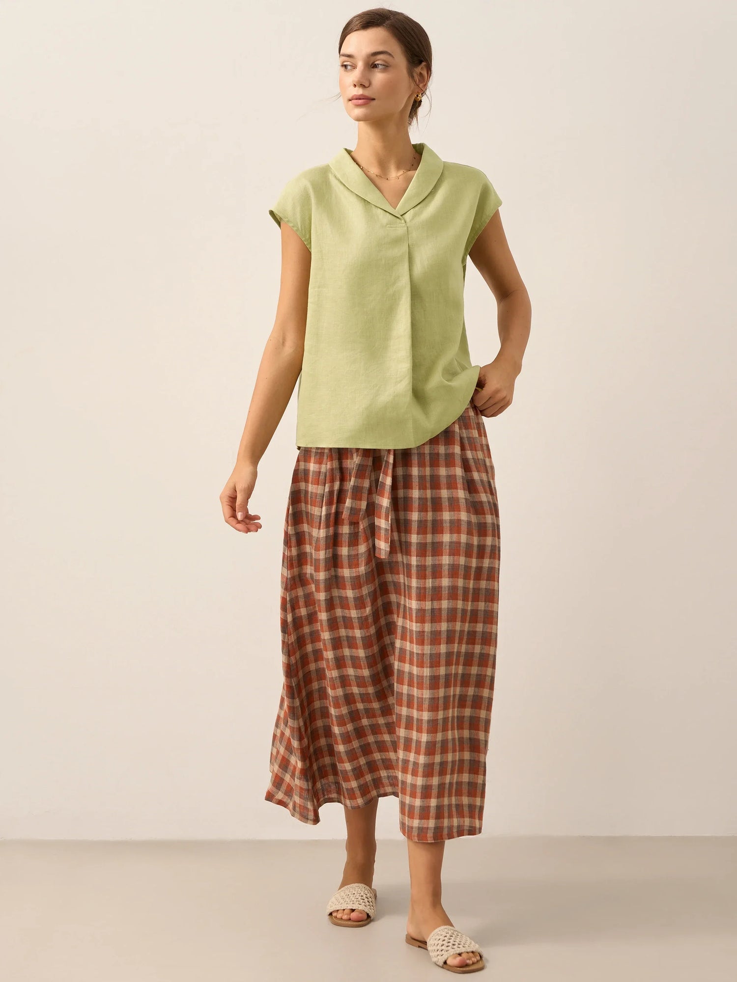 100% Linen Shawl V-Neck Cap Sleeves Top ELARA by LINTICO
