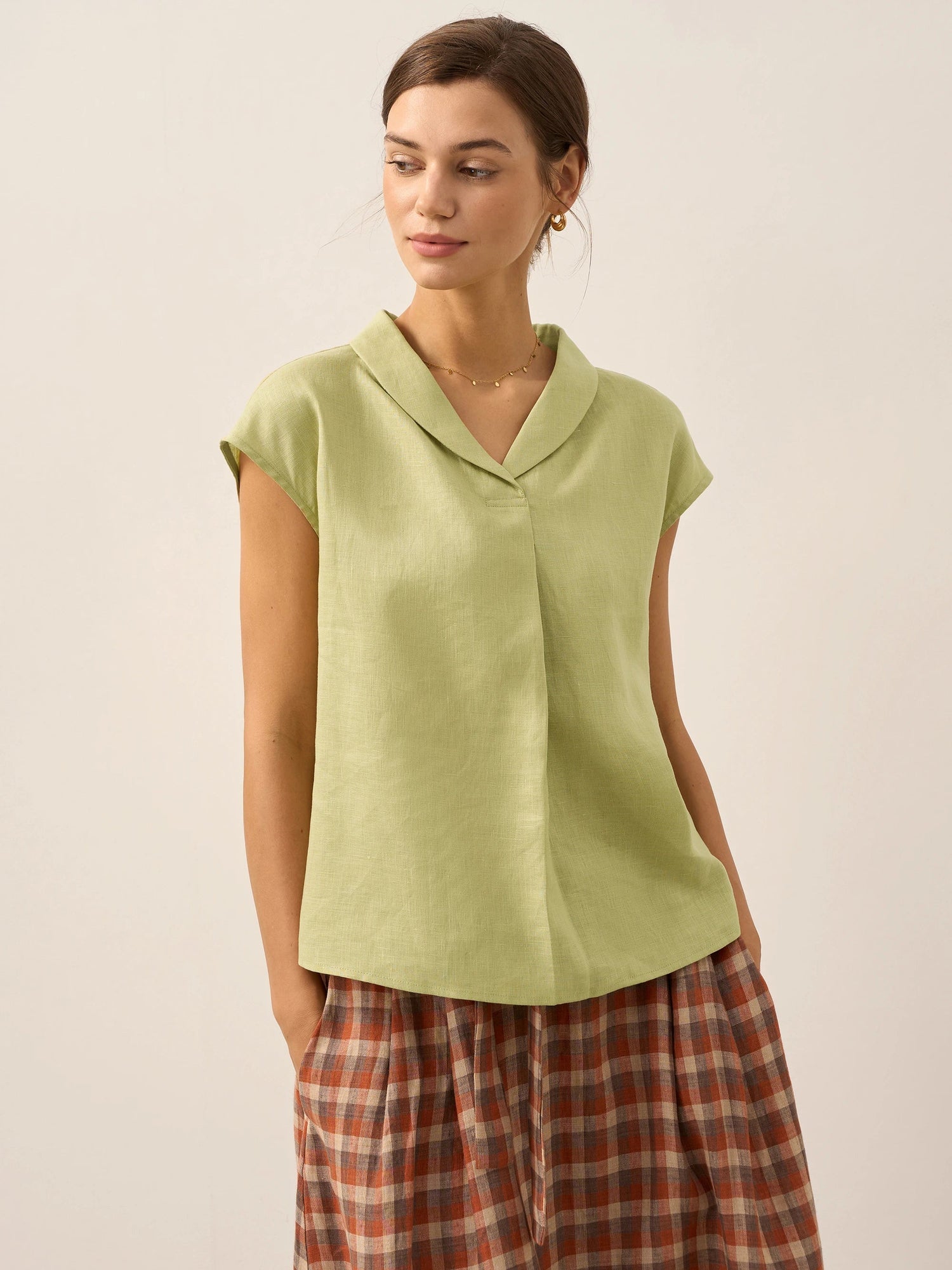 100% Linen Shawl V-Neck Cap Sleeves Top ELARA by LINTICO