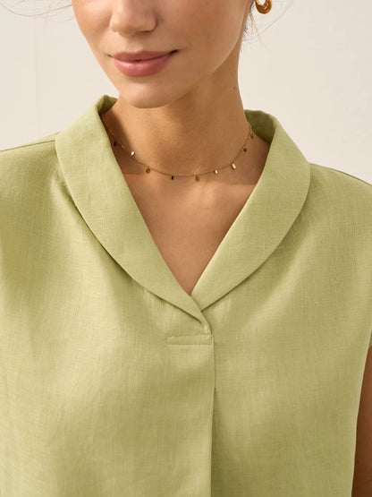 100% Linen Shawl V-Neck Cap Sleeves Top ELARA by LINTICO
