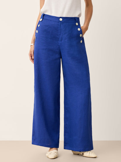 100% Linen Shell Button Elasticated Back Wide-Leg Pants IONE by LINTICO