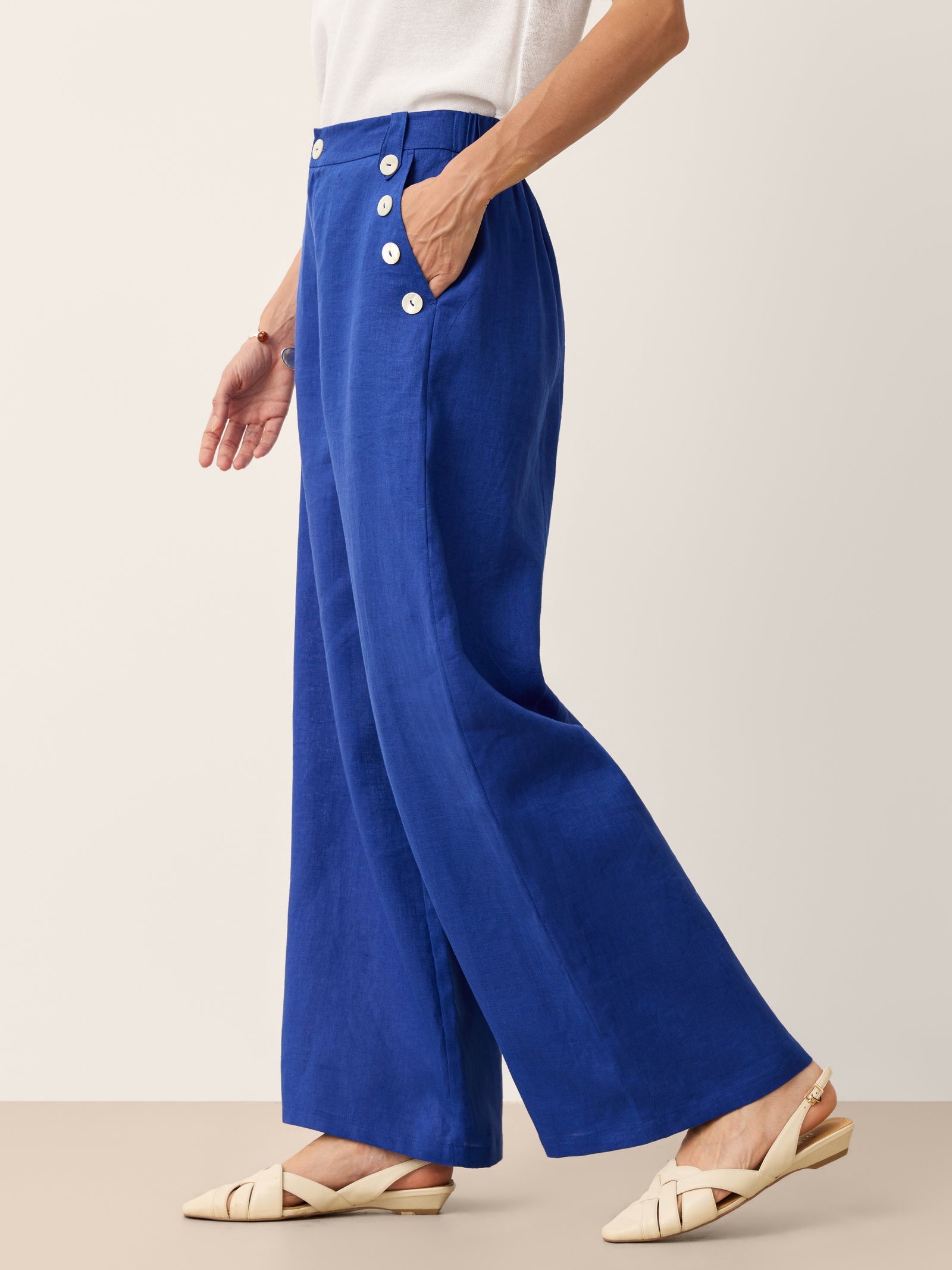 100% Linen Shell Button Elasticated Back Wide-Leg Pants IONE by LINTICO