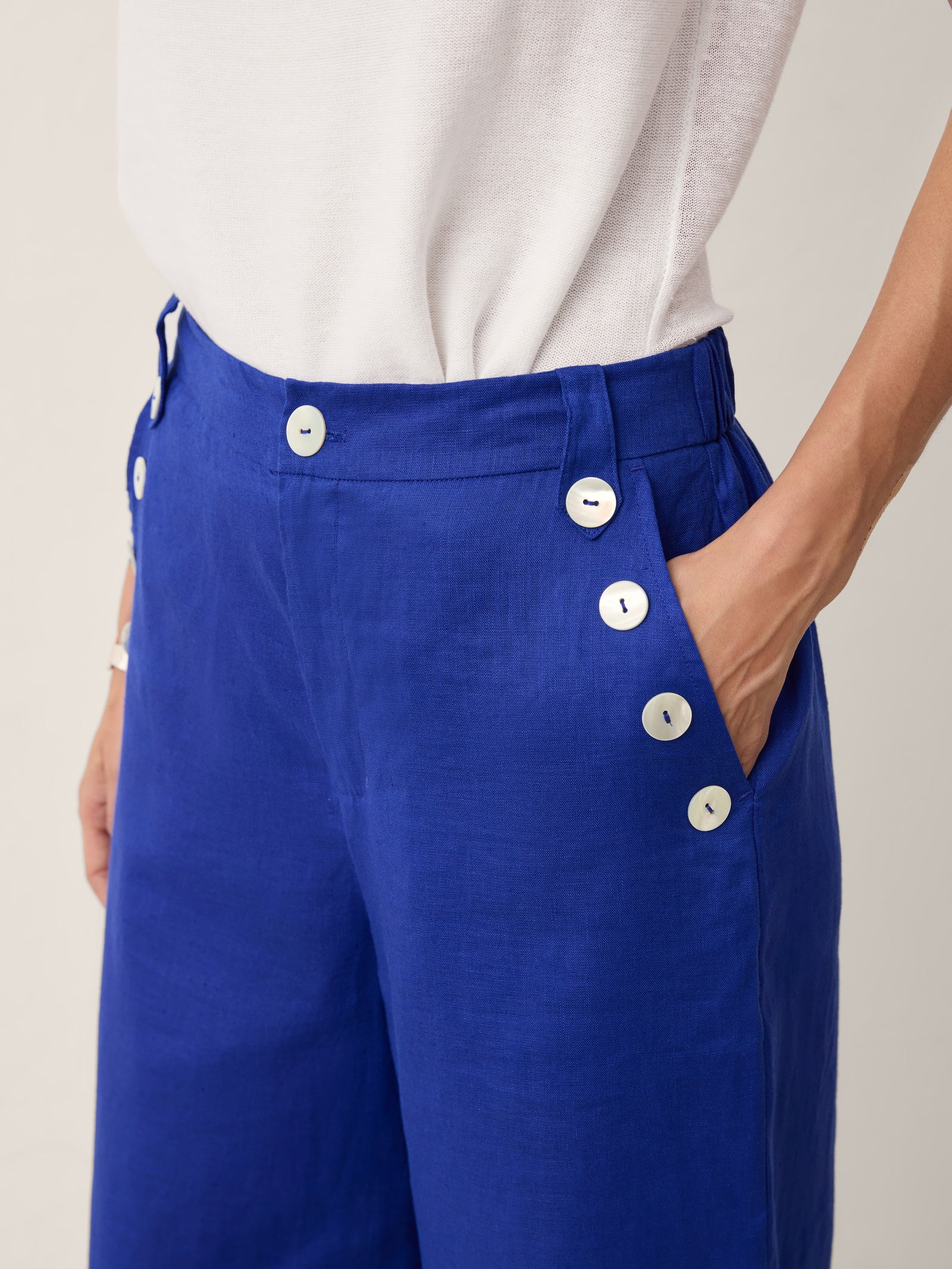 100% Linen Shell Button Elasticated Back Wide-Leg Pants IONE by LINTICO