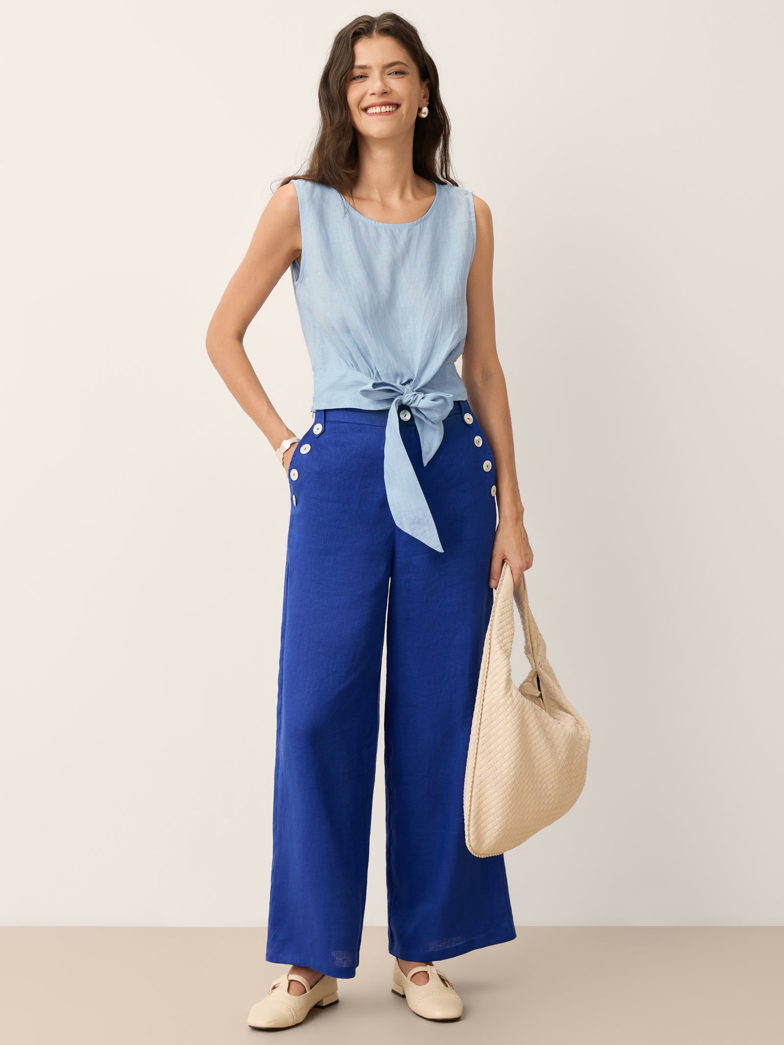 100% Linen Shell Button Elasticated Back Wide-Leg Pants IONE by LINTICO