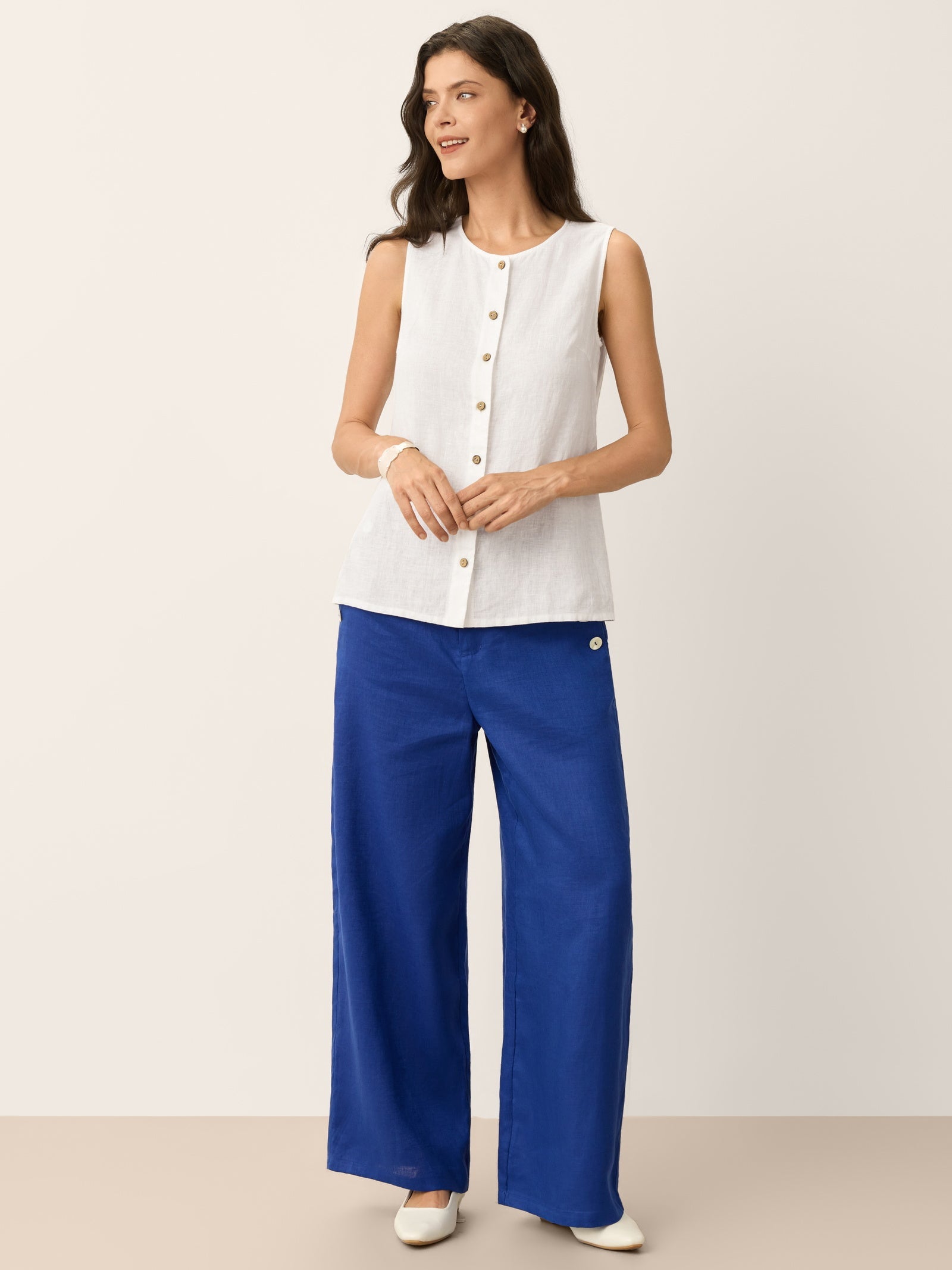100% Linen Shell Button Elasticated Back Wide-Leg Pants IONE by LINTICO