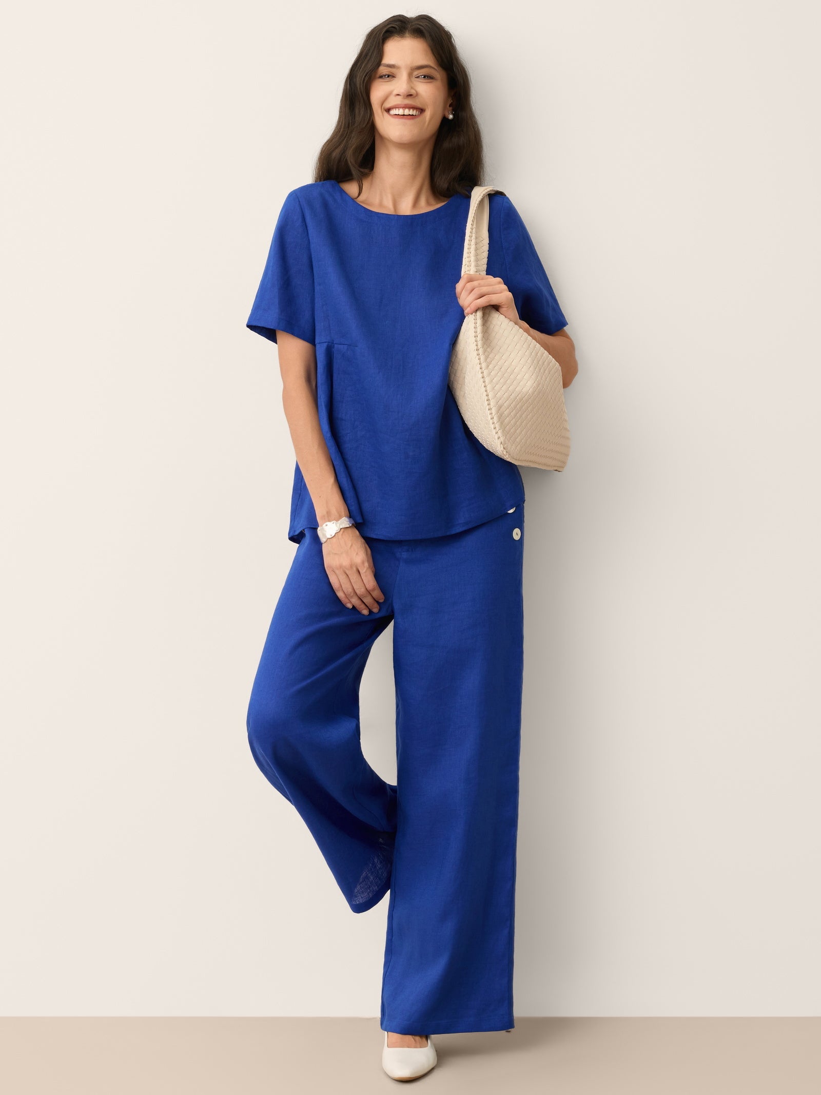 100% Linen Shell Button Elasticated Back Wide-Leg Pants IONE by LINTICO