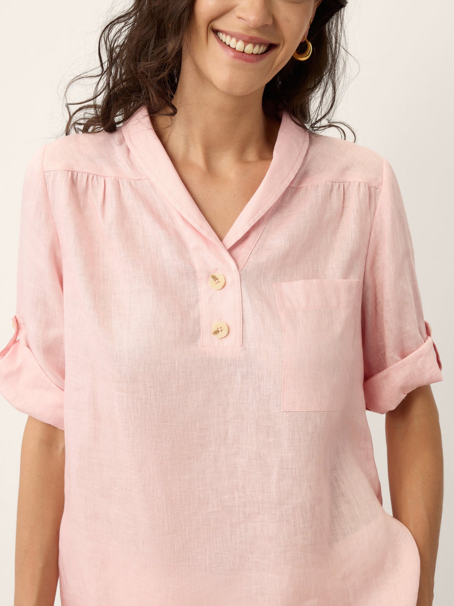 100% Linen Soft Collar Tab Sleeve Top OLGA by LINTICO