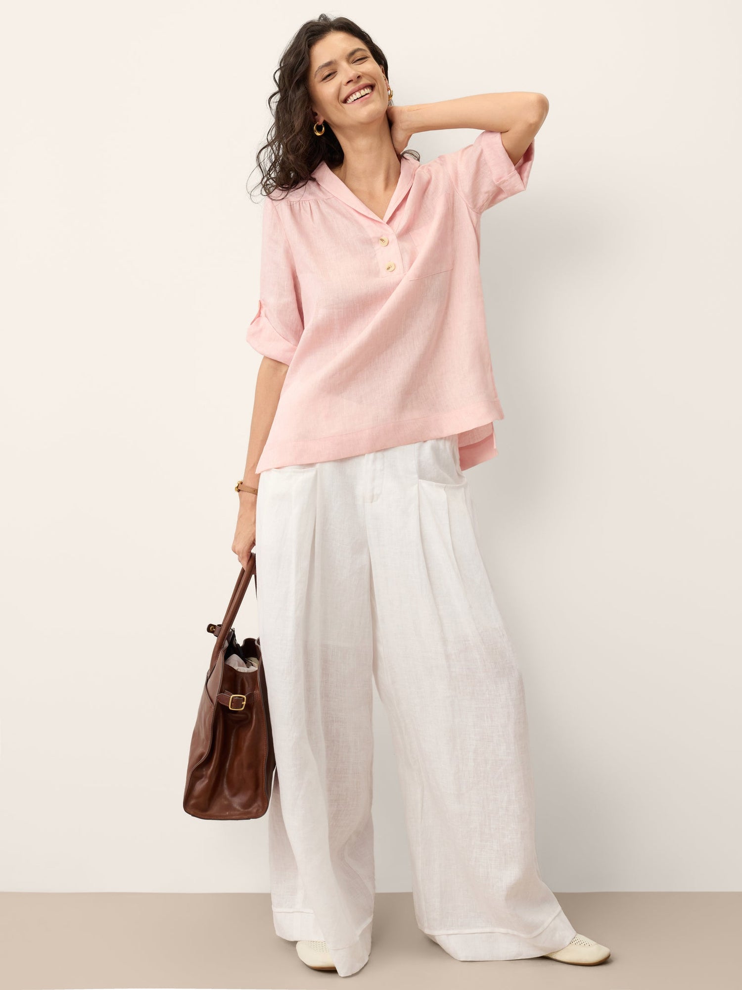 100% Linen Soft Collar Tab Sleeve Top OLGA by LINTICO