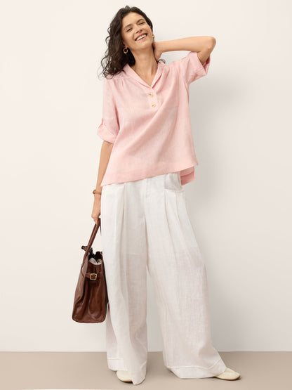 100% Linen Soft Collar Tab Sleeve Top OLGA by LINTICO
