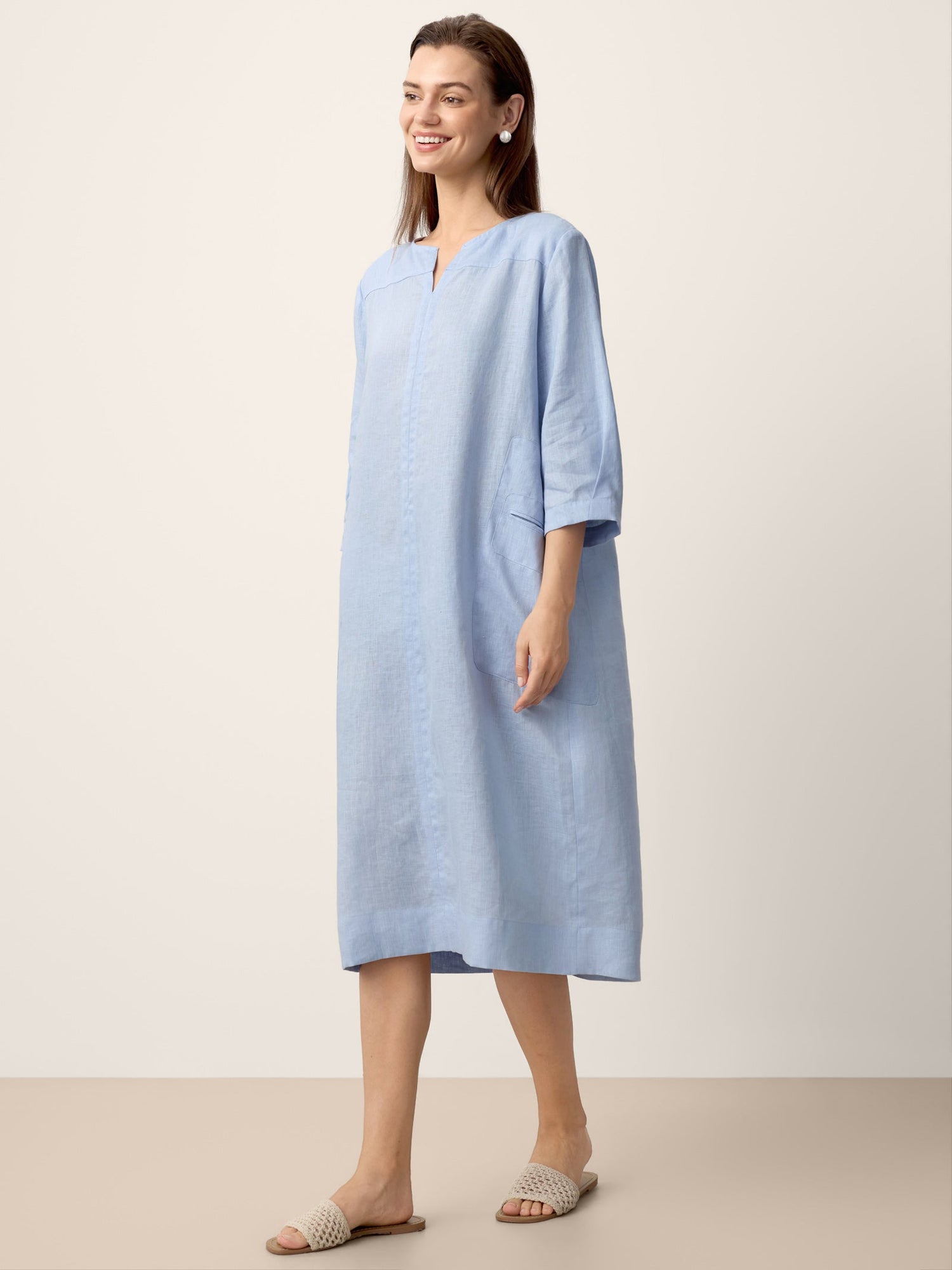 100% Linen Split-Neck Patch-Pocket Mini Dress KALINA by LINTICO