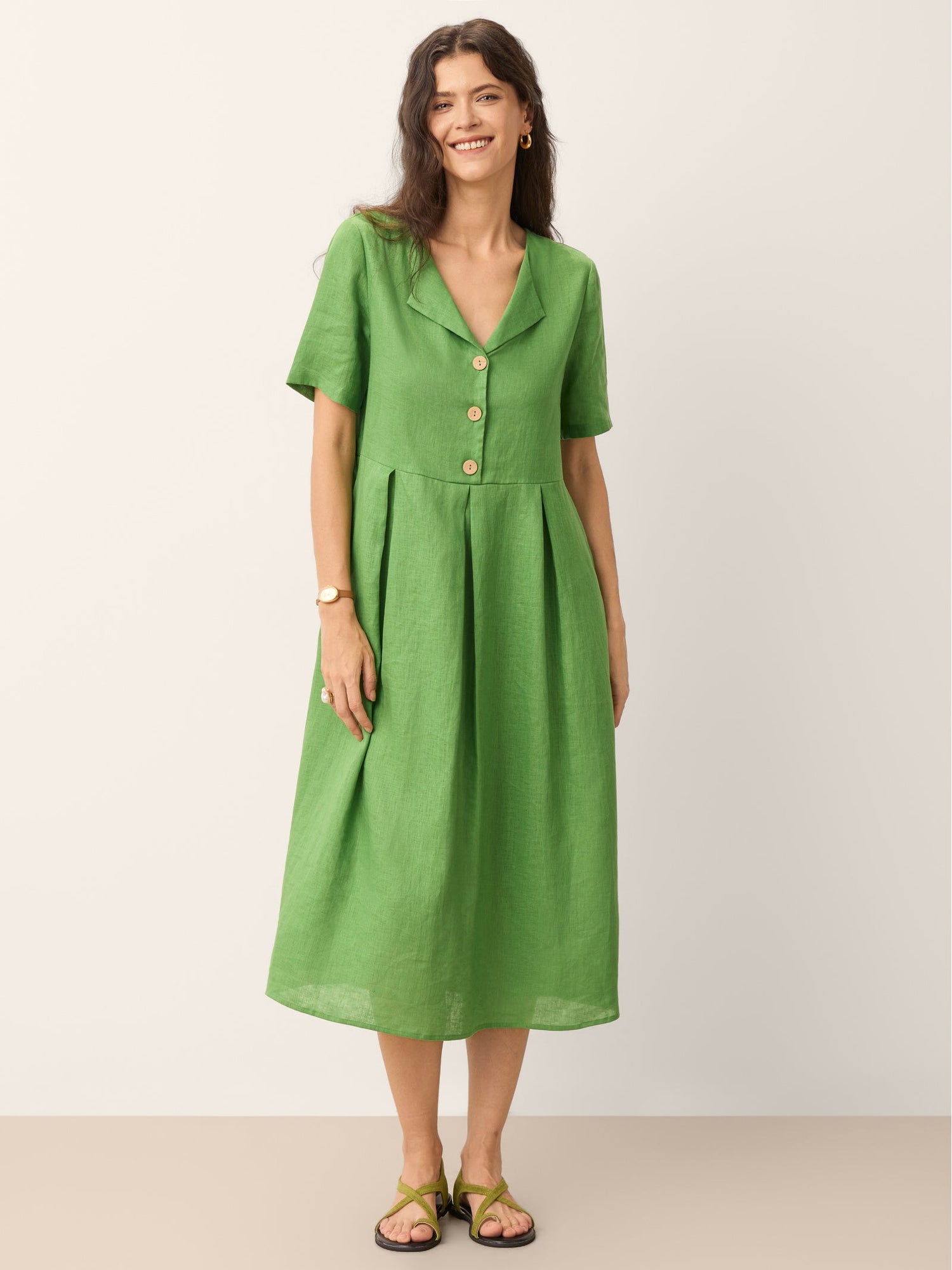 100% Linen Split Neck Button Detail Midi Dress SERAPHINE by LINTICO