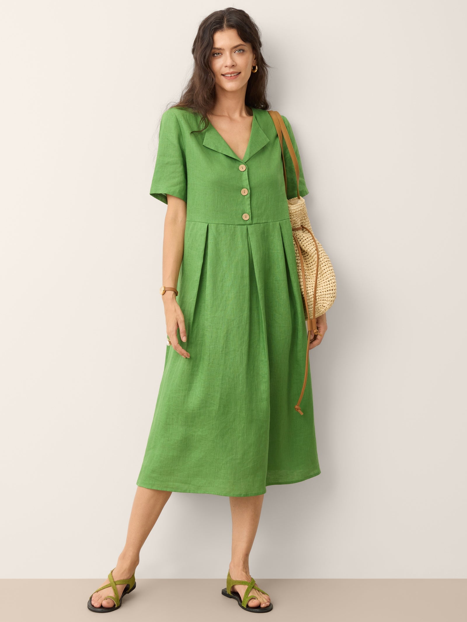 100% Linen Split Neck Button Detail Midi Dress SERAPHINE by LINTICO