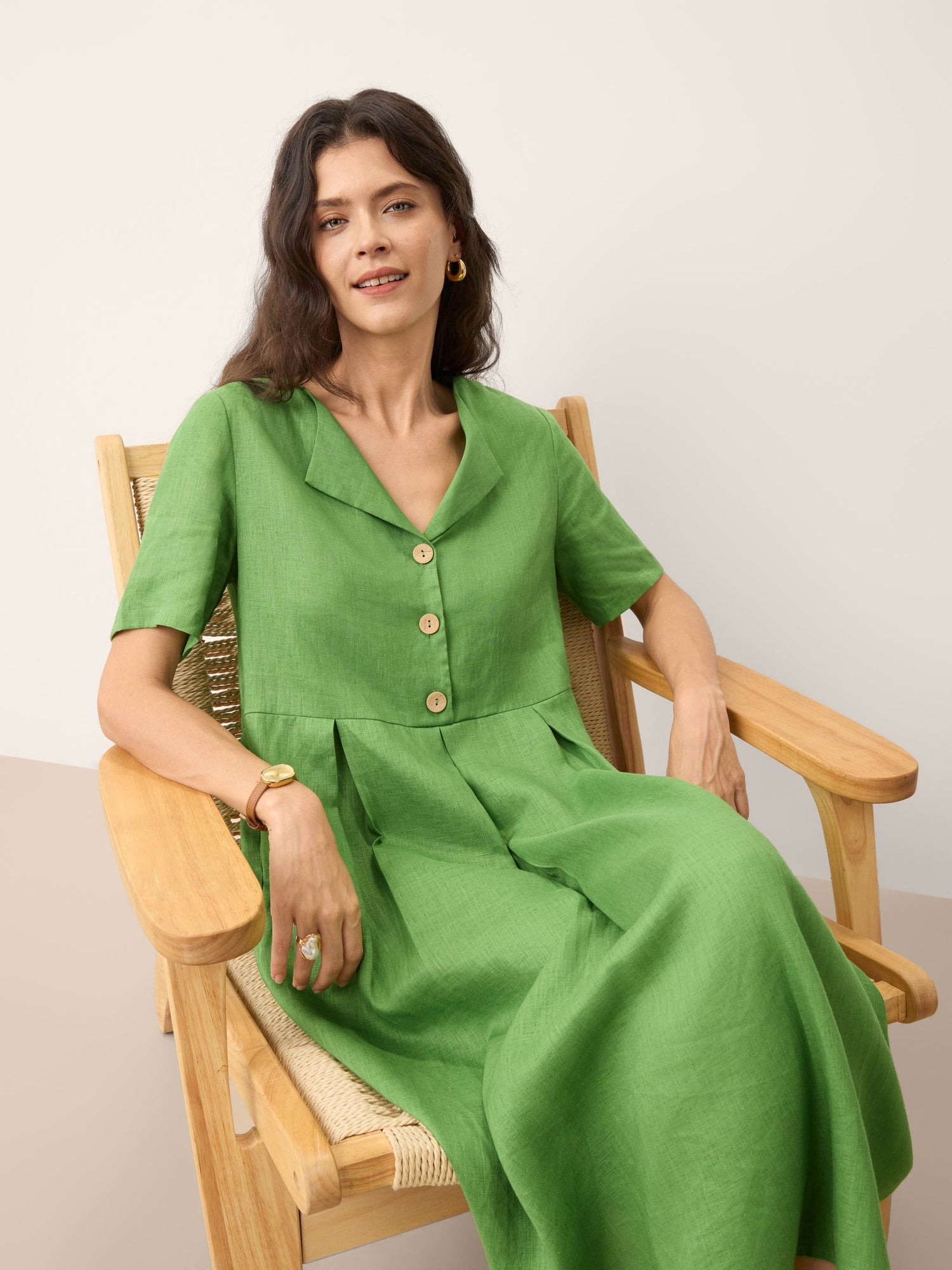 100% Linen Split Neck Button Detail Midi Dress SERAPHINE by LINTICO