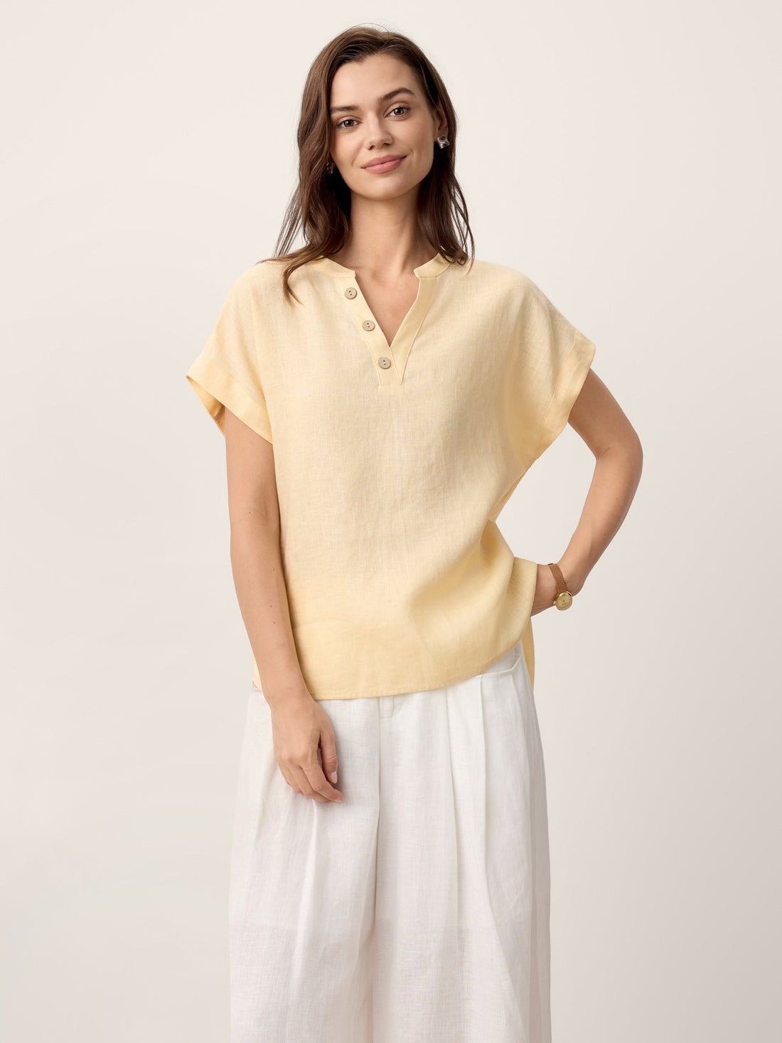 100% Linen Stand-Collar Curved-Hem Top CRESSA by LINTICO