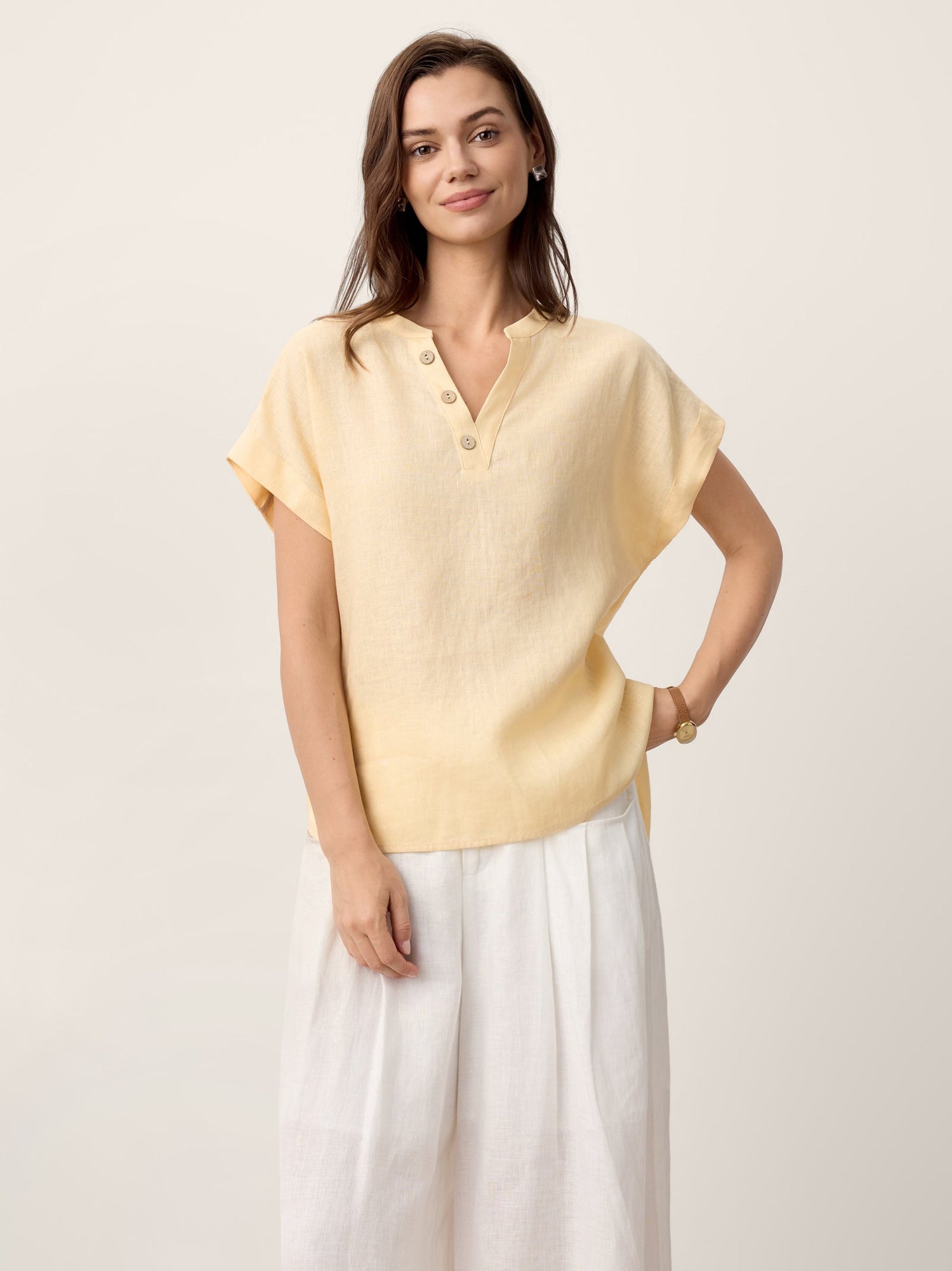 100% Linen Stand-Collar Curved-Hem Top CRESSA by LINTICO