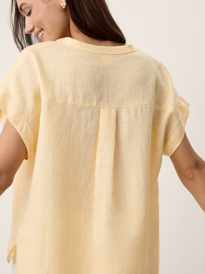 100% Linen Stand-Collar Curved-Hem Top CRESSA by LINTICO
