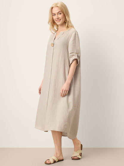 100% Linen Stand Collar V-Slit Tab Sleeve Midi Dress LEORA by LINTICO