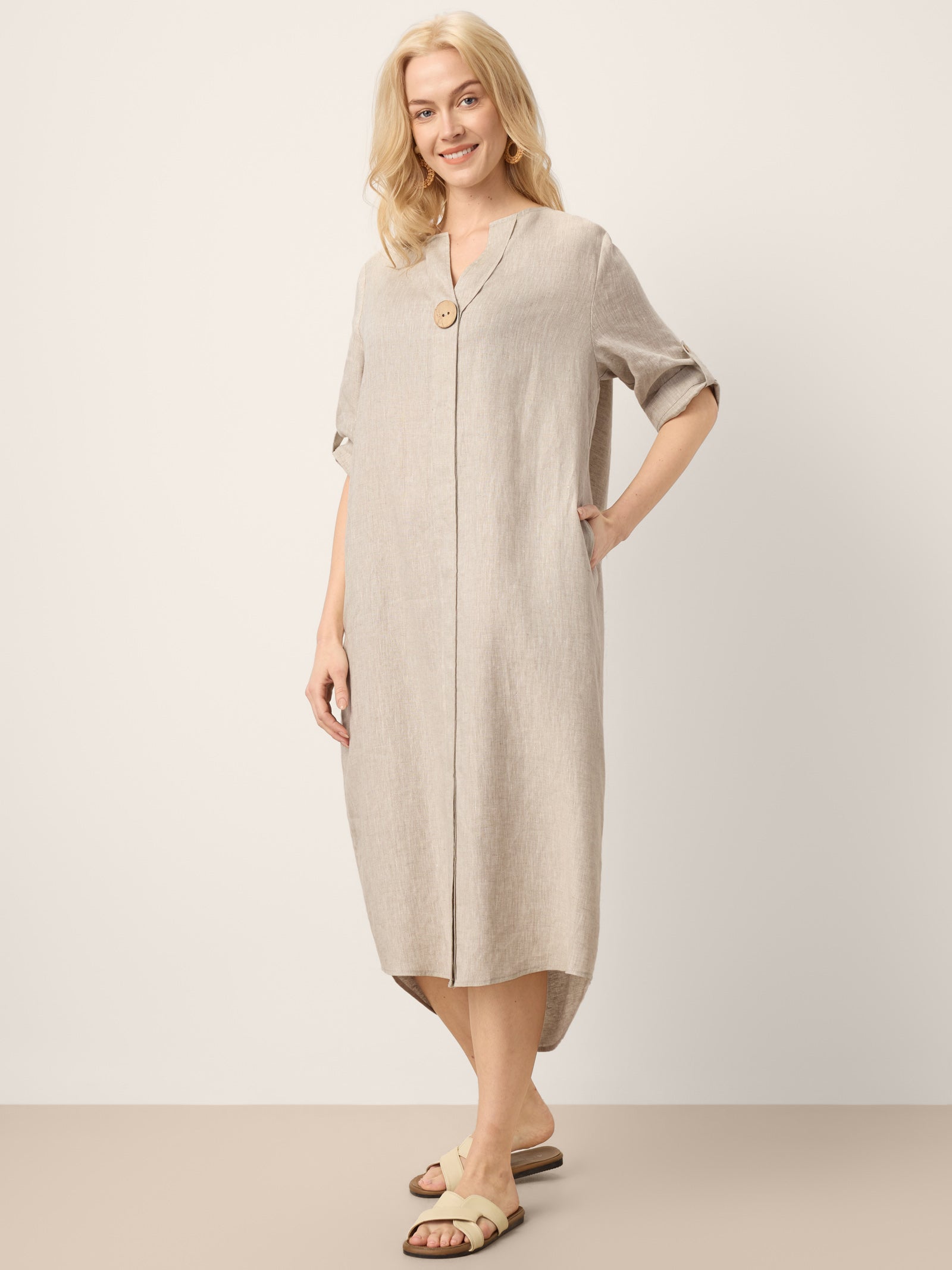100% Linen Stand Collar V-Slit Tab Sleeve Midi Dress LEORA by LINTICO