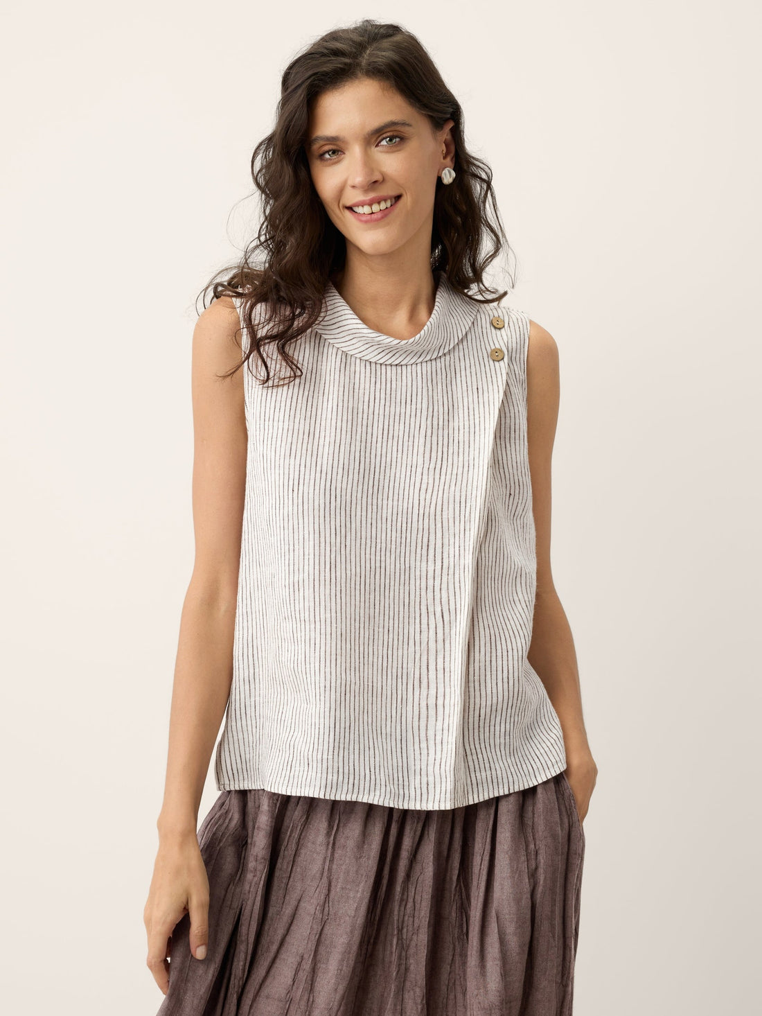 100% Linen Striped Diagonal Pleat Mock Neck Top ESTHER by LINTICO