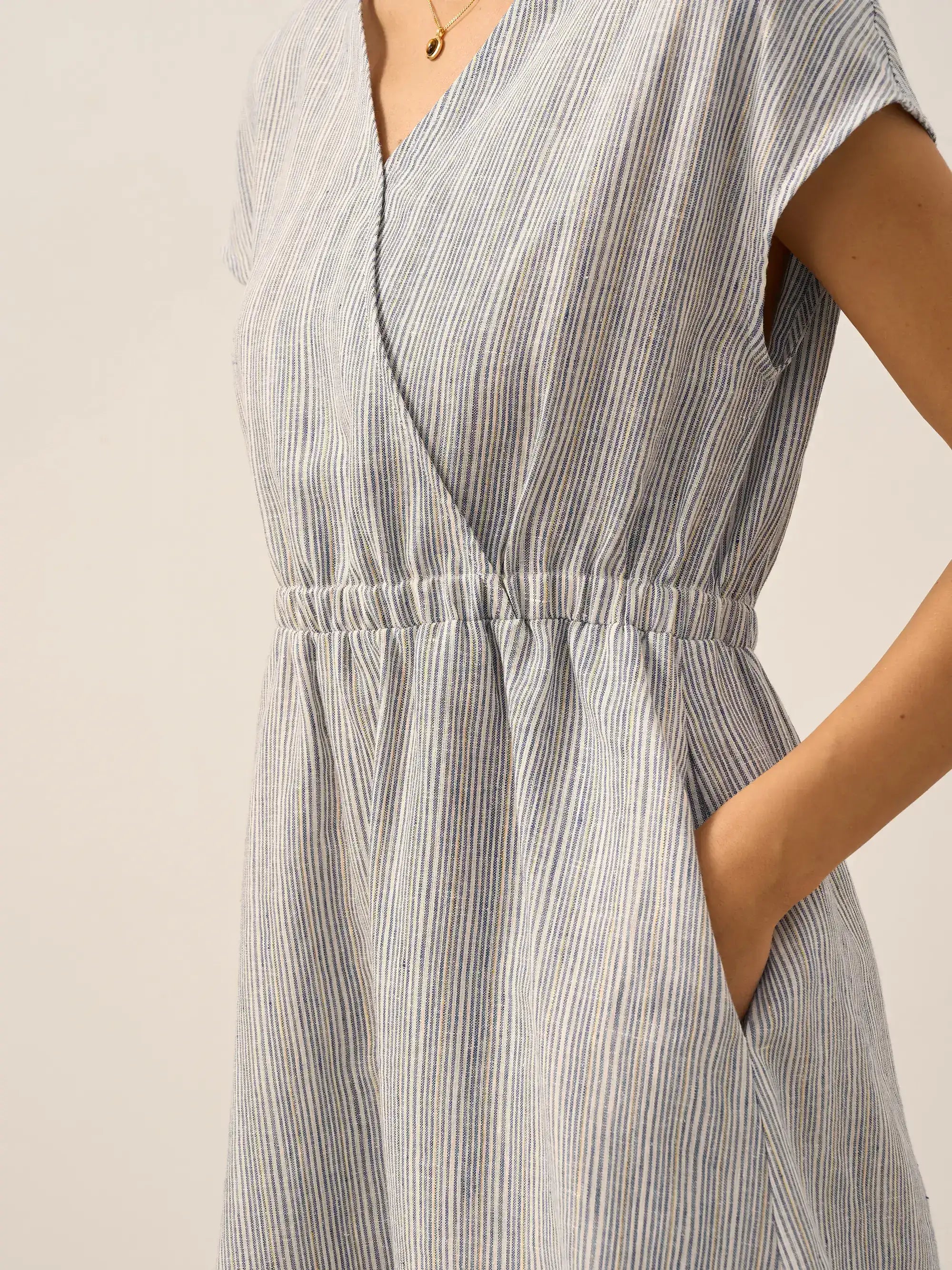 100% Linen Striped Elastic-Waist Mini Dress ARIA by LINTICO