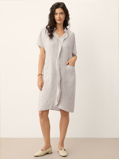100% Linen Striped Ruffle Placket Shirt Dress GLORIA by LINTICO