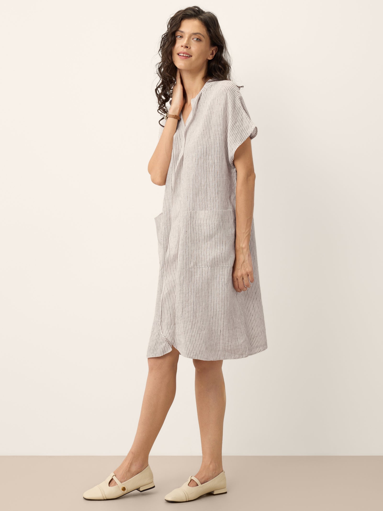 100% Linen Striped Ruffle Placket Shirt Dress GLORIA by LINTICO