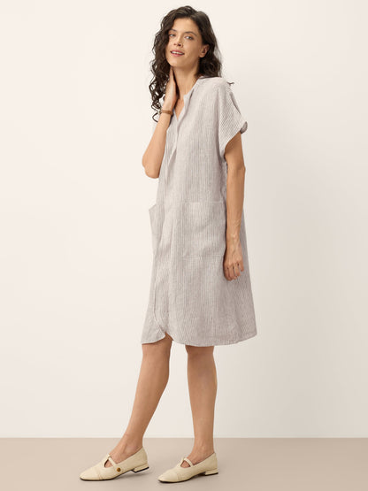 100% Linen Striped Ruffle Placket Shirt Dress GLORIA by LINTICO