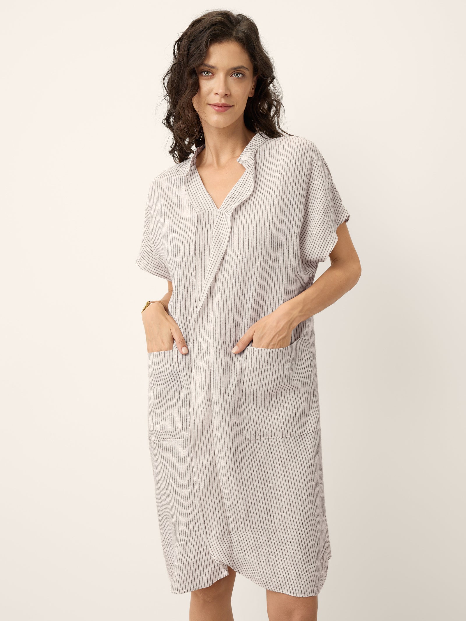 100% Linen Striped Ruffle Placket Shirt Dress GLORIA by LINTICO