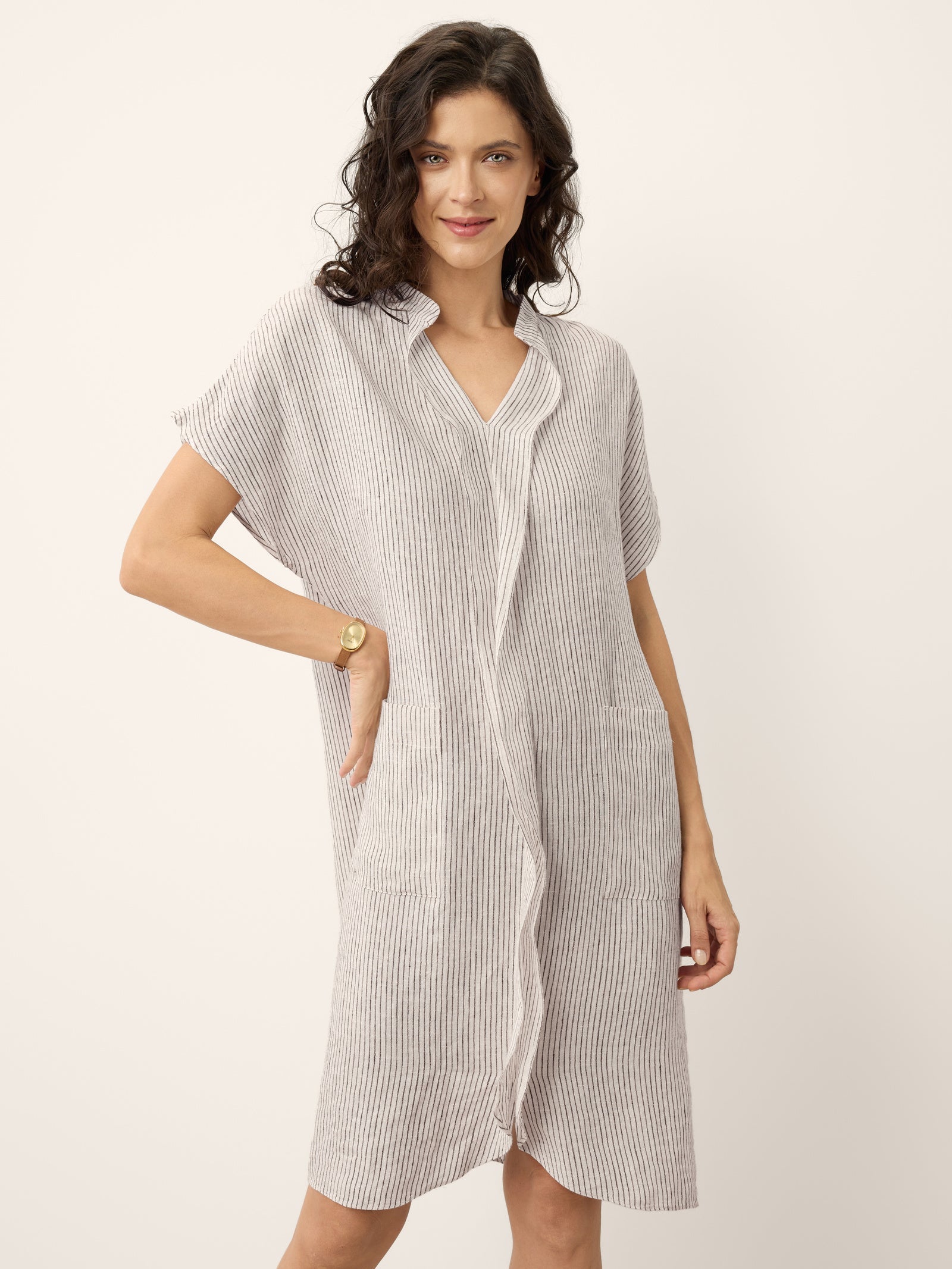 100% Linen Striped Ruffle Placket Shirt Dress GLORIA by LINTICO