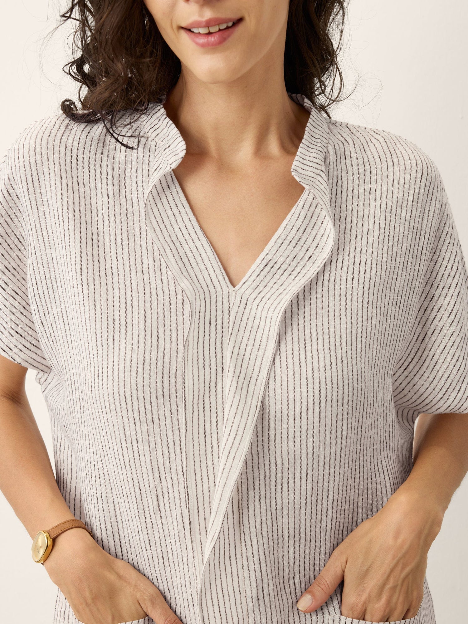 100% Linen Striped Ruffle Placket Shirt Dress GLORIA by LINTICO